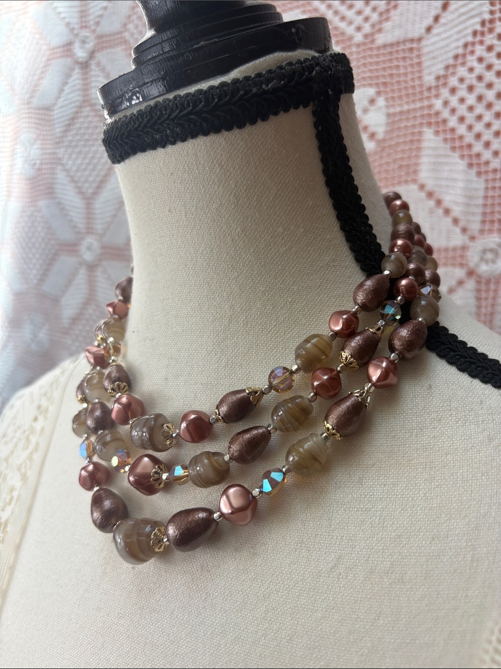 Elegant Multi-Strand Brown Pearl & Glass Necklace - Picture 2 of 6